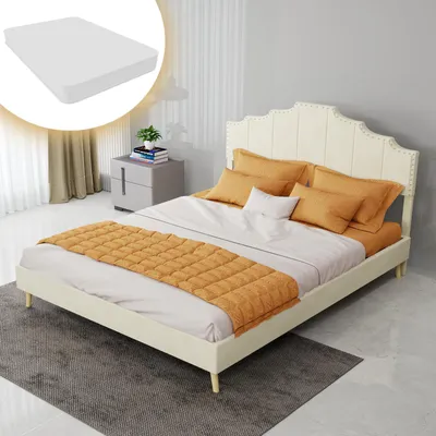 Imagen del producto de Cama tapizada de 140x200 cm con colchón, cabecero acolchado con diseño geométrico y detalles metálicos, estructura de cama baja, color beige