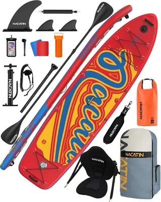 Produktbild von NACATIN aufblasbares SUP Board 12' mit Kajaksitz, breites 91cm Deck für Erwachsene & Familie, mit Paddel, Pumpe & komplettem Zubehör, Hellblau-Rot