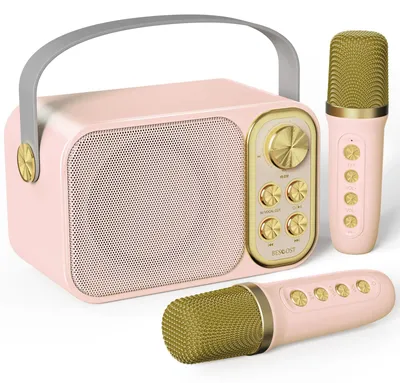 Produktbild von Karaoke-Maschine, tragbar, Bluetooth – 2 kabellose Mikrofone – 10 Watt Leistung – Kunststoff, rosa – für Kinder und Partys