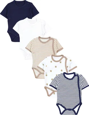 Produktbild von TupTam Baby Jungen Kurzarm Wickelbody Baumwolle Body 5er Set , Farbe: Streifen Beige Streifen Blau Weiß Sterne Beige Navy, Größe: 74