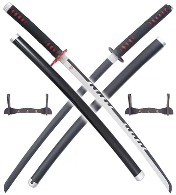 Produktbild von Anime Cosplay Pack 2 Katanas aus Holz Klinge aus Holz Katana Tanjiro Holzschwert Kimetsu No Yaiba Säbel Tanjiro Katana + Holzständer