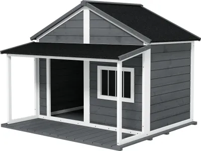 Produktbild von Hundehütte Outdoor-Hundehütte, inkl. Veranda, wetterbeständig, 124 cm x 112 cm x 105 cm, Grau + Weiß