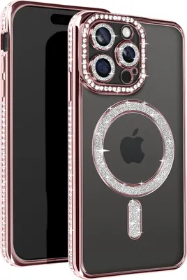 Image de Avizar, coque en diamant pour iPhone 15 Pro – Protection MagSafe avec bordure en strass, rose champagne