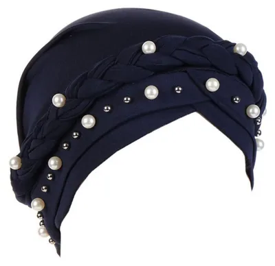 Obrázok produktu pre Turban pre ženy, čiapka pod chemoterapiu s perlami, čiapka typu "beanie", pokrývka hlavy pri vypadávaní vlasov, čiapka na spanie, tmavomodrá