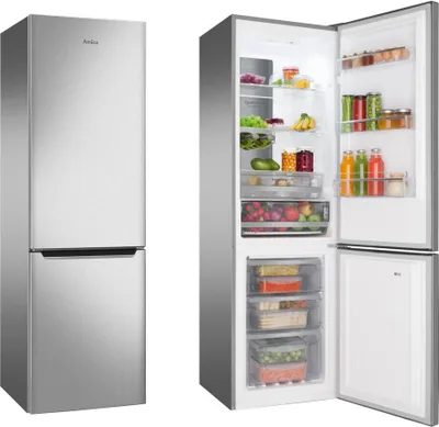 A split image showing a closed refrigerator on the left and an open refrigerator filled with food on the right.