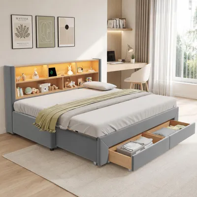 Produktbild von MODFU Tagesbett 90x200 mit Ausziehbett,Polsterbett aus Samt,Schlafsofa Jugendbett mit 2 Schubladen,LED und USB-Anschluss,Grau(Mit eine Matratze)