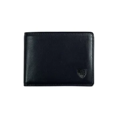 A black leather wallet with a logo on the bottom right corner, isolated on a white background.