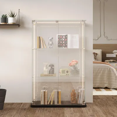 Zdjęcie produktu dla Gablota ProximaX z podwójnymi drzwiami i 3 poziomami z oświetleniem LED - Nowoczesna gablota do salonu, jadalni lub biura z czarną podstawą