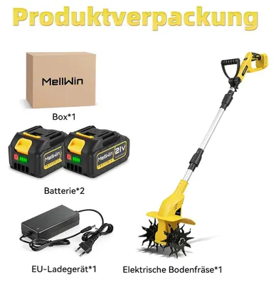 Image de Fraise rotative pour jardin sur batterie - Broyeur de sol électrique - Moteur 1600W - 1000 tr/min - Largeur de travail 22 cm - Profondeur de travail 16 cm - 2 batteries 3,0Ah 18V