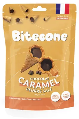 Produktbild von Bitecone Mini-Eiswaffeln mit Milchschokolade und Salzbutter-Karamellfüllung, 100 g