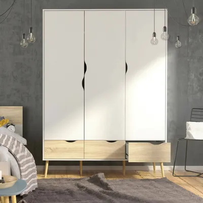 Zdjęcie produktu dla Trzydrzwiowa szafa w stylu retro Oslo 75468, biała/struktura dębu
