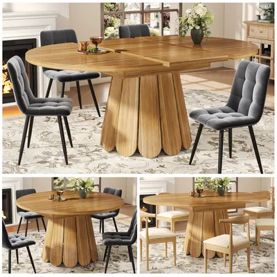 Produktbild von Runder Esstisch ausziehbar (Ø 118-158 cm) in Braun, Vintage-Küchentisch für 6 Personen, Ovaler Esstisch mit Design-Säulenfuß & Metallbasis