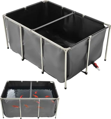 Produktbild von VEVOR Fischteich aus Segeltuch, 1023,3 L Zuchtwassertank, PVC-Koi-Tank mit transparentem Sichtfenster, Aquarium mit Edelstahlrahmen & Ablassventil, zur Zucht von Koi, Goldfisch (schwarz)