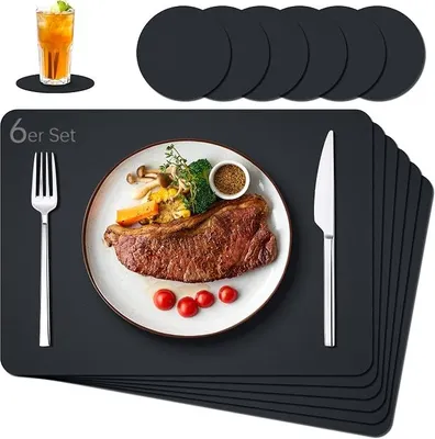 Produktbild von PolkaHome® Platzsets Abwaschbar aus Kunstleder – 6er Set, Doppelseitig, Wasserdicht, Hitzebeständig bis 100°C, Tischset für Zuhause &