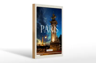 Produktbild von Holzschild Reise 20x30cm Paris France Eiffelturm Nacht Retro