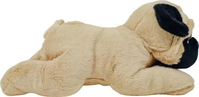 A plush toy pug lying on its side against a white background.