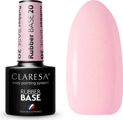 A bottle of CLARESA RUBBER BASE 20 nail polish and a swatch of the polish color.