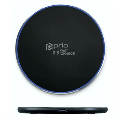 A top-down and side view of a black wireless charger with a blue trim.