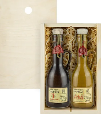 Produktbild von Set mit 2 Jaros Mets (Honigwein AM Dwójniak-Halber /Trybunalski Trójniak-Drittel) Geschenkset in einer leichten Holzbox | 500ml | 13-16% Alkohol Metwein | Polnische Produktion