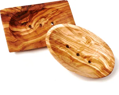 Produktbild von Seifenschalenset aus Olivenholz, oval und rechteckig mit Löchern