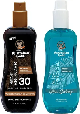 Productafbeelding van Australian Gold spraygel met bronzer SPF30 + Aloe Freeze Gel verkoelende aftersun spray Bruiningsset