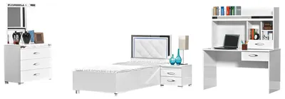 Productafbeelding van Slaapkamer meubels: enkel bed, nachtkastje, tafels (set van 4), wit. Kinderkamer meubels