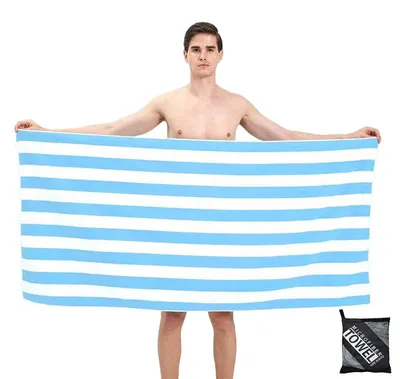 Immagine prodotto di Asciugamano da spiaggia XXL, 160x90 cm, azzurro a righe, in microfibra, ad asciugatura rapida, antarena e con tasca