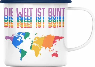 Produktbild von Trendation - LGBT Emaille Tasse Geschenk für Schwule Lesben Transgender Regenbogen Lustige Grafik Regenbogen Die Welt Ist Bunt (Blau)