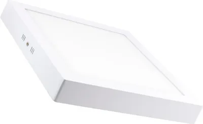 A white square LED ceiling light is shown from a slightly angled perspective against a white background.