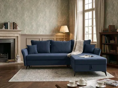 Produktbild von NORDELO Ecksofa mit Schlaffunktion und Bettkasten COSOLETO 262x182x100 cm Dunkelblau L-Form Schlafsofa, Velours BLUVEL