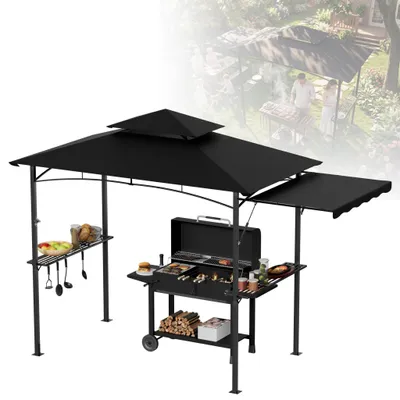 Obrázek produktu pro Grilový altán CEEDIR 244 x 153 x 250 cm, s boční markýzou, dvojitou střechou, bočními policemi, kovovým košem, háčky a otvírákem na láhve, grilovací přístřešek odolný proti povětrnostním vlivům do zahrady, černý