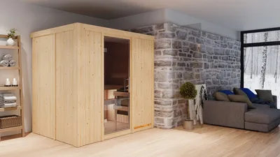 Produktbild von Karibu Sauna Innensauna Bodin Fronteinstieg Ofen 9 kW  externe Strg easy 196x151x198 cm ohne Dachkranz mit Graphittür