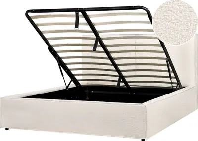 Produktbild von BELIANI Polsterbett Cremeweiß Bouclé-Stoffbezug mit Hohem Kopfteil Lattenrost 160 x 200 cm Bettkasten Hochklappbar Modern Skandi Schalfzimmer Möbel