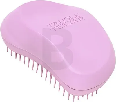 A pink Tangle Teezer hairbrush is shown from a diagonal angle against a white background.