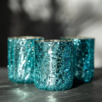 Teelichthalter aus Glas, 3er-Set, 10 cm, blau, Crackle-Glas