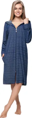 Produktbild von DOROTA kuscheliger und moderner Baumwoll-Bademantel mit Taschen, Reißverschluss & Kapuze, Marine Blau gestreift Gr. L