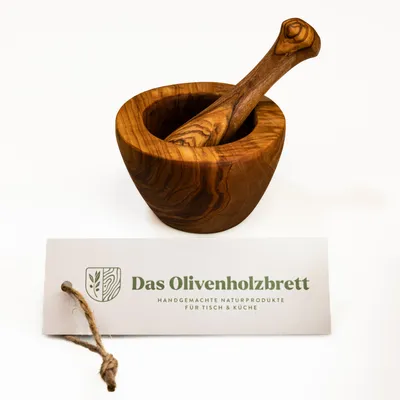 Produktbild von Mörser und Stößel aus Olivenholz, glatter Rand 10 cm