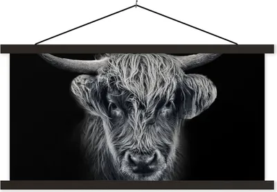 Produktbild von MuchoWow® Textilposter Schottisches Hochlandrind - Schwarz - Kuh - Tiere 90x45 cm mit schwarzem Rahmen - Klemmleisten
