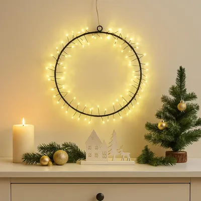 LED Kranz - Lichtkranz - 130 warmweiße LED - D: 30cm - Batterie - Timer - für Innen - schwarz