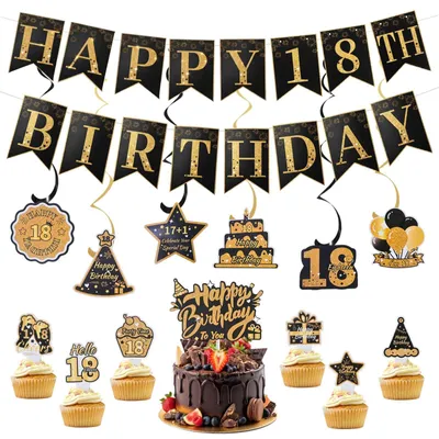 18. Geburtstagsdeko Schwarz-Gold, 37-teiliges Set mit Banner & Girlanden