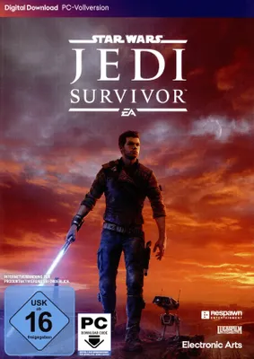 Cover art for the video game Star Wars Jedi: Survivor, featuring the main character holding a lightsaber.