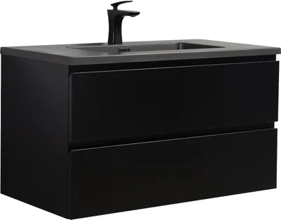 Image de Ensemble de meubles de salle de bain Badplaats avec lavabo et meuble sous lavabo Angela 90 x 48 cm noir mat - Meuble sous lavabo avec fermeture douce et lavabo noir, pré-monté