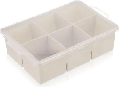 A beige ice cube tray with a clear lid, divided into six compartments.