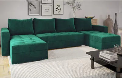 Produktbild von Easy4You Ecksofa FORSET Velours U-Form Grün – 301x80x145 cm - Schlafsofa mit Schlaffunktion und Bettkasten - Eckcouch - Kissen –  Stoff Manila 35