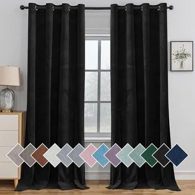Zdjęcie produktu dla Zestaw dwóch zasłon z ciemnego weluru - 140x245 cm każdy - Zapewniają izolację termiczną - Z oczkami do zawieszenia - Kolor: czarny