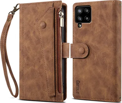 Produktbild von Schutzhülle für Samsung Galaxy A42 5G Reißverschluss Hülle, Leder Klapphülle Kartenfach Standfunktion Brieftasche mit Trageband Braun
