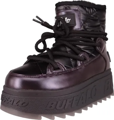 A single black snow boot with a platform sole is shown against a white background.