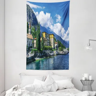Produktbild von ABAKUHAUS Italien Wandteppich und Tagesdecke, Landschaft des Comer Sees, aus Weiches Mikrofaser Stoff Waschbar ohne Verblassen Digitaldruck, 140 x 230 cm, Blau und Grün