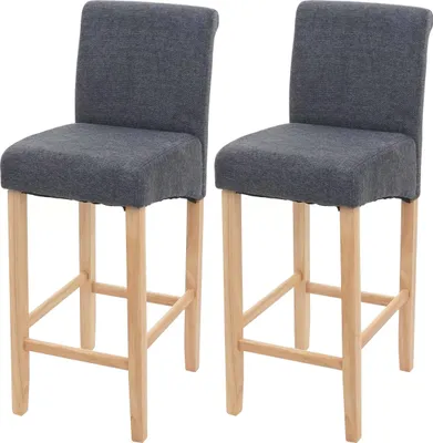 Two dark gray upholstered bar stools with light wooden legs are shown against a white background.