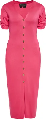 Produktbild von Damen knielanges Kleid pink, V-Ausschnitt, kurze Puffärmel, Knöpfe, figurschmeichelnd, maßgeschneidert XL